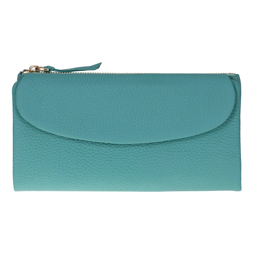 Teal clutch bag with a gold zipper on a white background