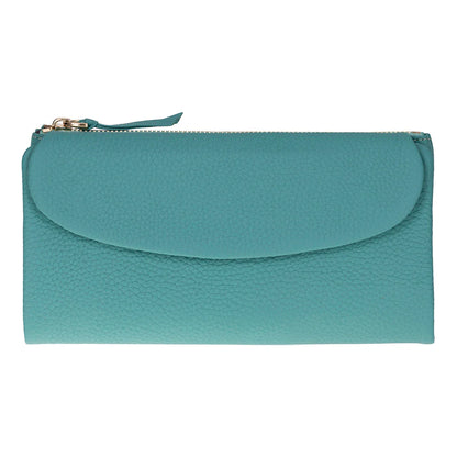 Teal clutch bag with a gold zipper on a white background