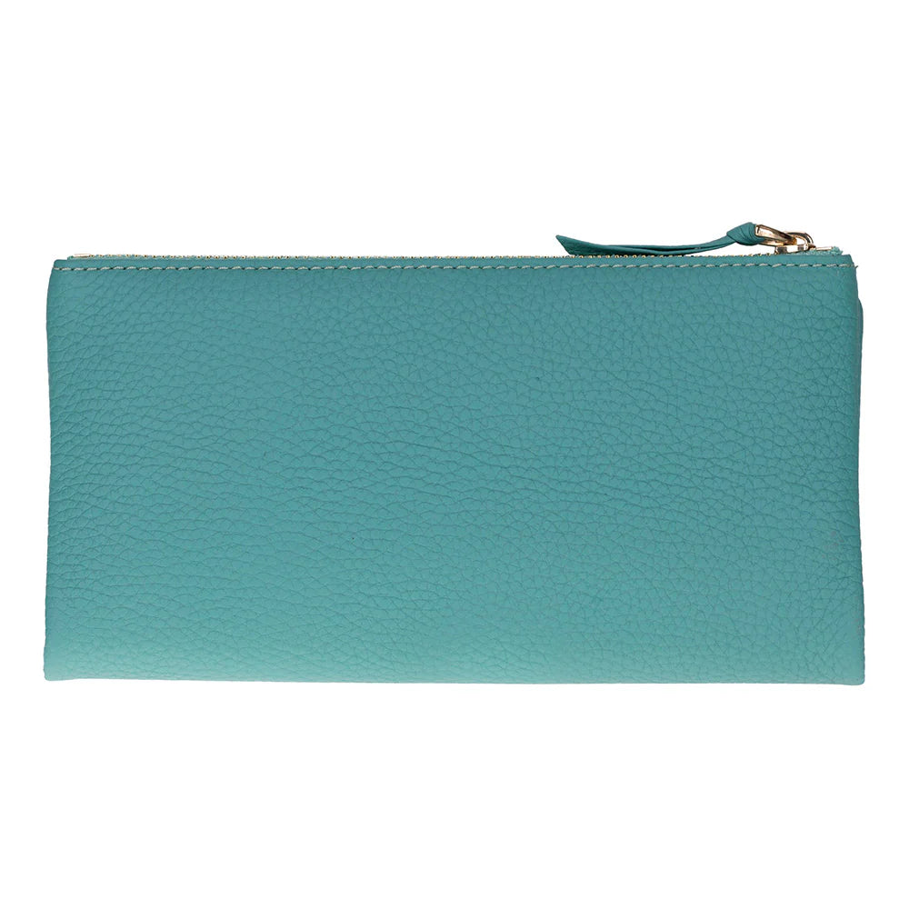 Teal wallet with a gold zipper on a white background