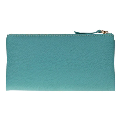 Teal wallet with a gold zipper on a white background