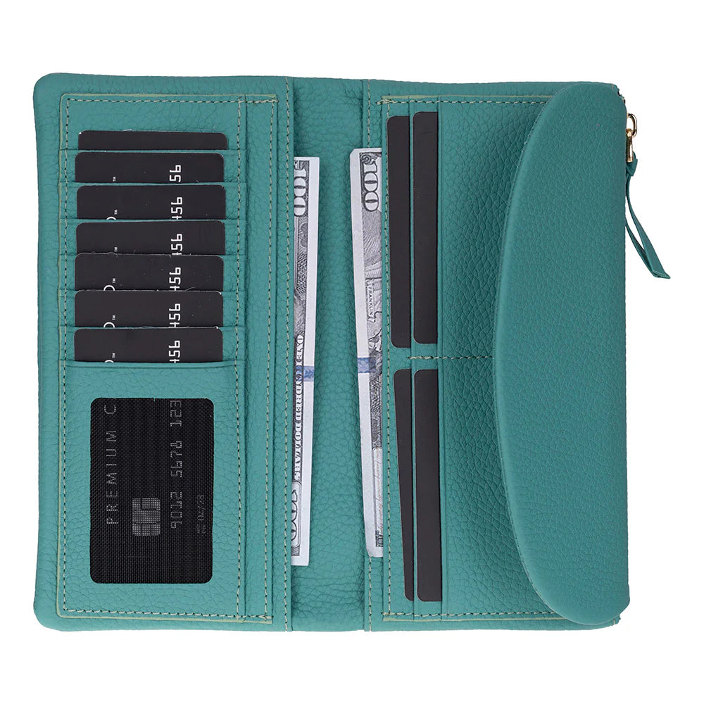 Teal wallet with card slots and money compartments on a white background