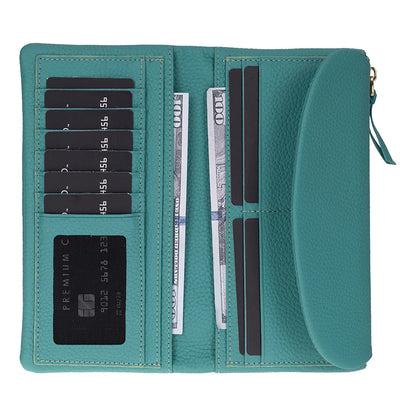 Teal wallet with card slots and money compartments on a white background