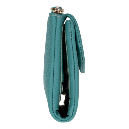 Teal leather wallet on a white background